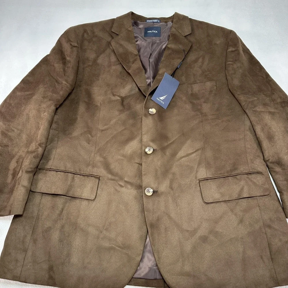 Nautica Sport Coat Mens 48R Brown Faux Suede Blazer‎ Jacket Three Button Prep